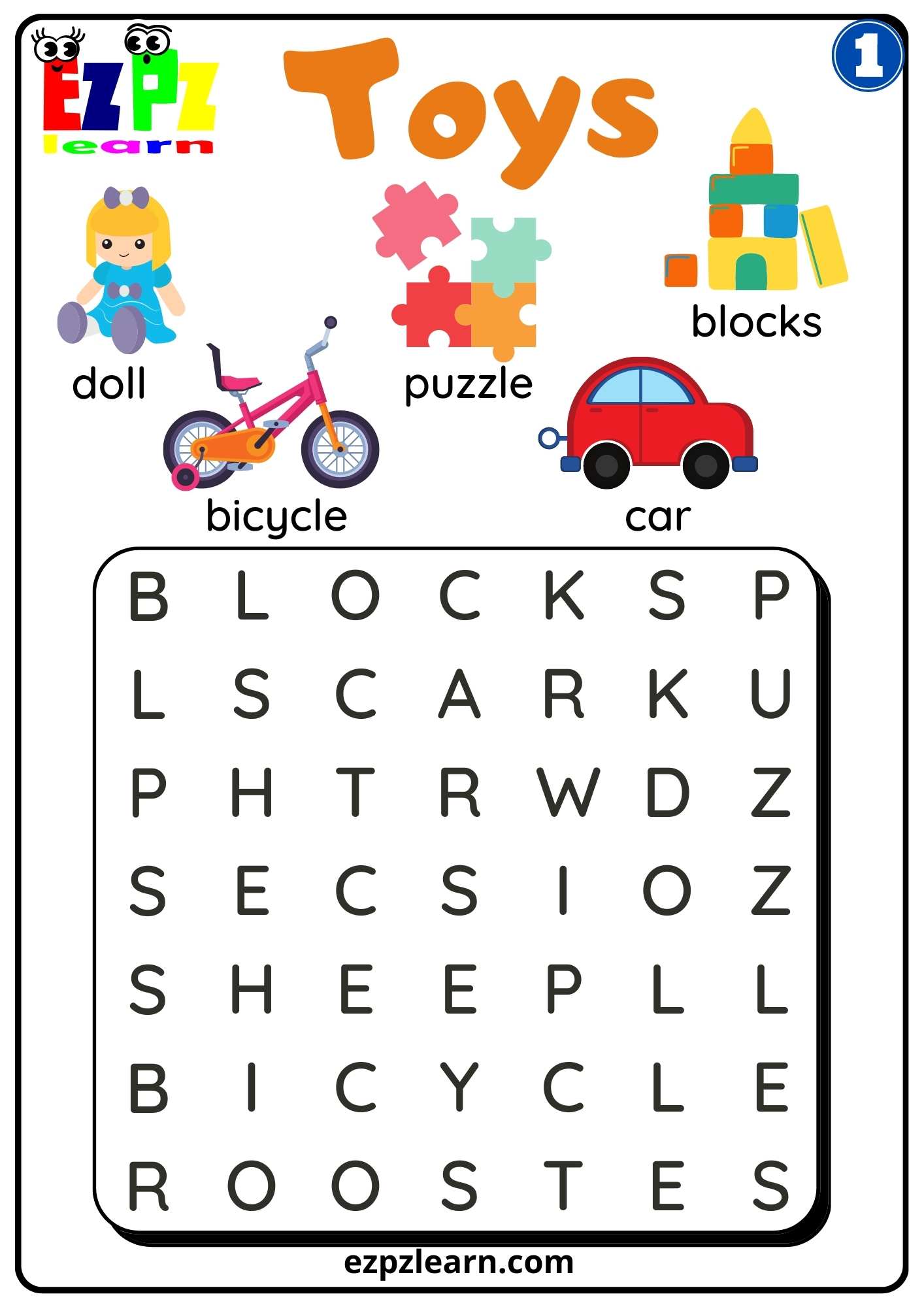 Group 1 Toys Word Search Vocabulary for K5 and ESL Free PDF Download